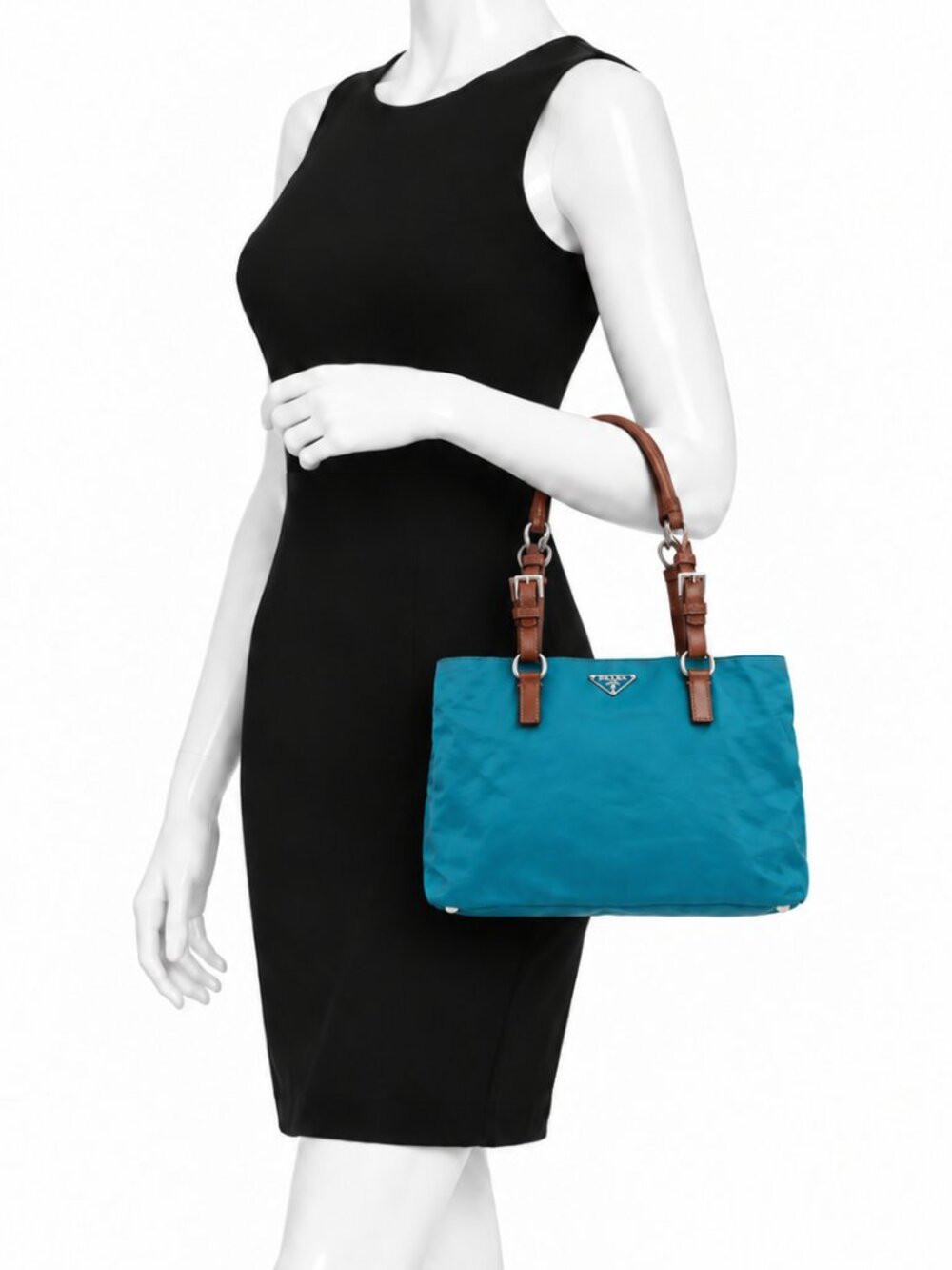 Vintage Prada Turquoise Blue Nylon Tote Bag Brown Leather Handles